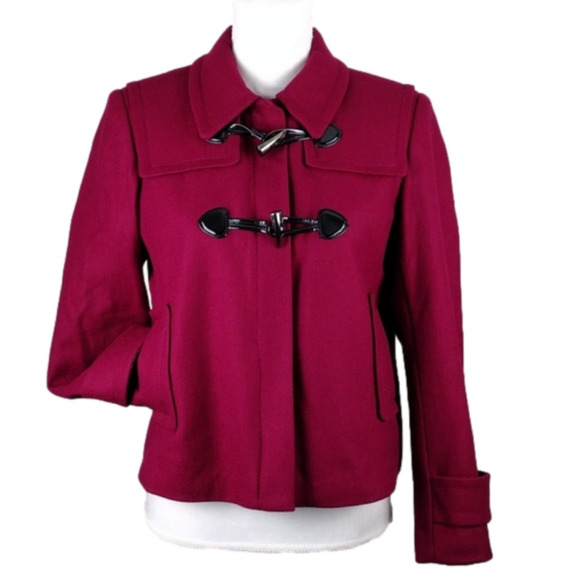 Calvin Klein Berry Wool Pointed Collar Long Cuffed Sleeve Toggle Zip Up Coat - Picture 1 of 15